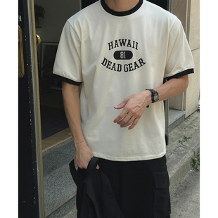 ANAN韩国东大门代购时尚撞色简约HAWAII字母短袖T恤衫男休闲半袖