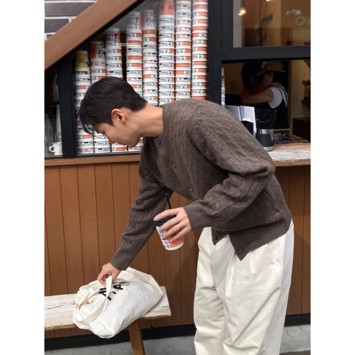 韩国东大门代购春秋高档简约百搭休闲麻花圆领针织开衫男毛衣外套