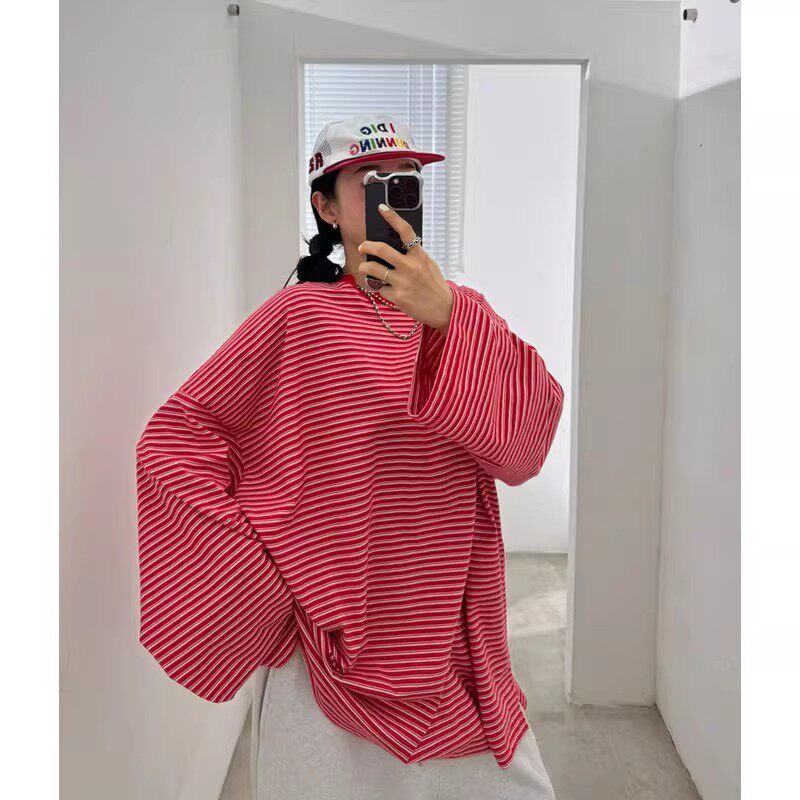 韩国东大门代购votus时尚潮流曲奇条纹长袖T恤衫男女款大码休闲T