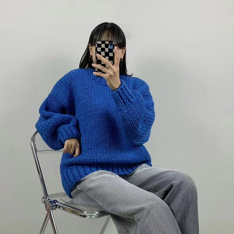 东大门韩国代购高档重工时尚粗棒针羊毛针织衫男女同款套头毛衣