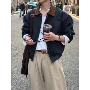 韓國東大門代購 底特律夾克外套男 拼色翻領復古瘦腰workwear闊版