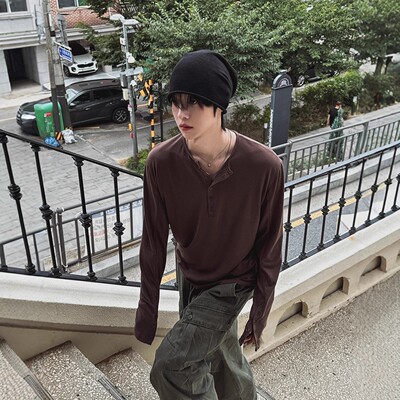 韩国代购亨利领慵懒长袖T恤衫