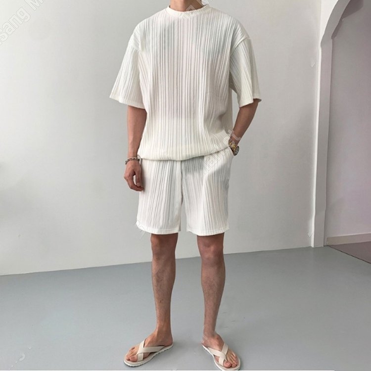国内现货！韩国代购夏季时尚轻薄弹力纹理感百褶套头短袖T恤衫男