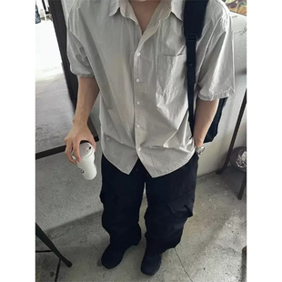 韩国东大门代购LOGAN夏季时尚简约高品百搭纯色单口袋短袖衬衫男