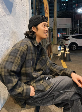 韩国东大门代购春秋时尚复古cozyfit雅痞格子宽松休闲长袖衬衫男