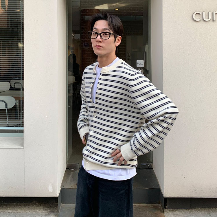 ANAN韩国东大门代购春季时尚高品圆领条纹针织开衫男轻熟毛衣外套