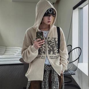 东大门韩国代购秋季高街潮流个性字母印花针织连帽毛衣开衫外套男