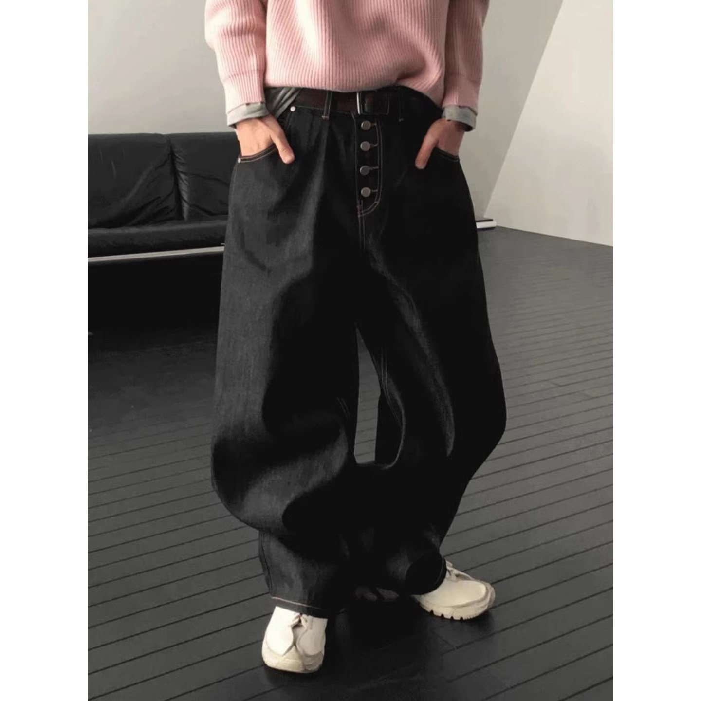 韩国东大门代购高街潮流个性四扣门襟弧形宽腿复古直筒牛仔裤男,男装,牛仔裤,淘宝优惠券,粉丝福利购,淘宝优惠卷