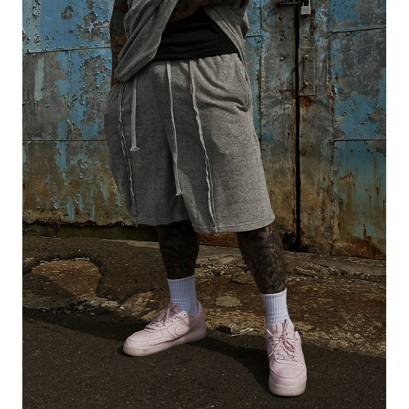 韩国东大门代购夏街头时尚潮流个性毛巾布拼接做旧运动休闲短裤男