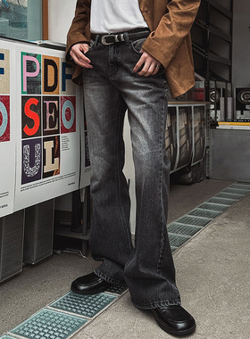 ANAN韩国东大门代购休闲显瘦黑色喇叭裤男水洗微喇裤春秋季牛仔裤