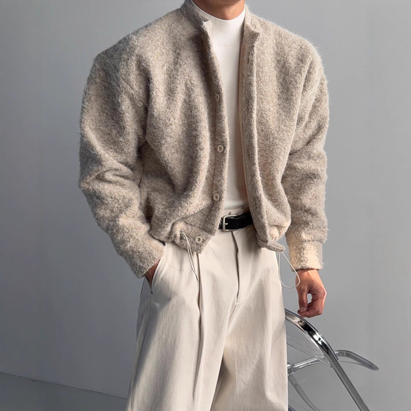 韩国东大门代购UP秋冬高品时尚圆领抽绳毛绒感短款针织开衫男外套