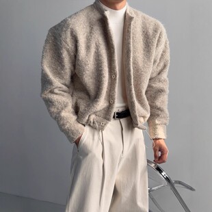 韩国东大门代购UP秋冬高品时尚圆领抽绳毛绒感短款针织开衫男外套