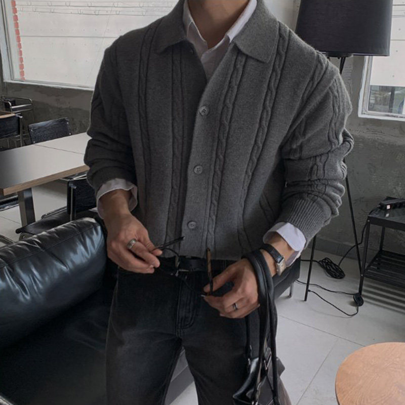 ANAN韩国东大门代购翻领麻花纹宽松长袖莫代尔针织衫男女同款外套