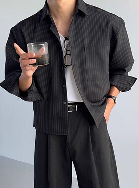 韩国东大门代购N.FLOOR直播高品设计师短款宽松休闲长袖衬衫男