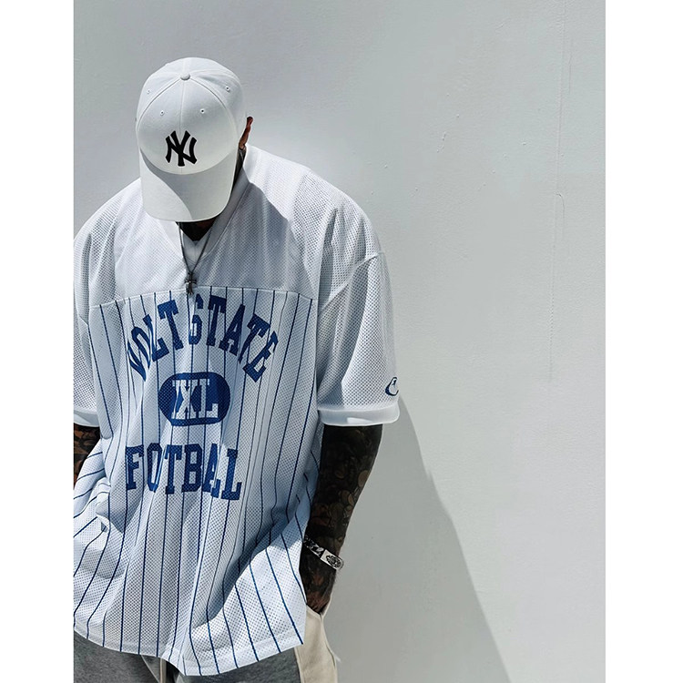 韩国代购男装街头潮流个性镂空V领网眼拼接运动休闲阔版短袖T恤