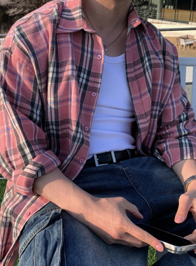 韩国东大门代购春高品休闲cozyfit设计师宽松格子衬衫男外搭衬衣