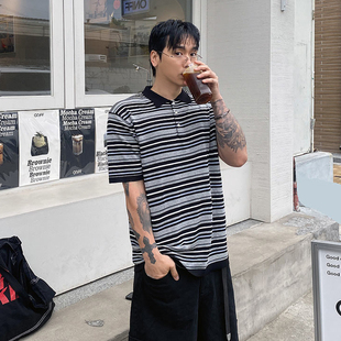 针织POLO衫 ANAN韩国东大门代购 人造丝休闲条纹短袖 薄款 男T恤 时尚