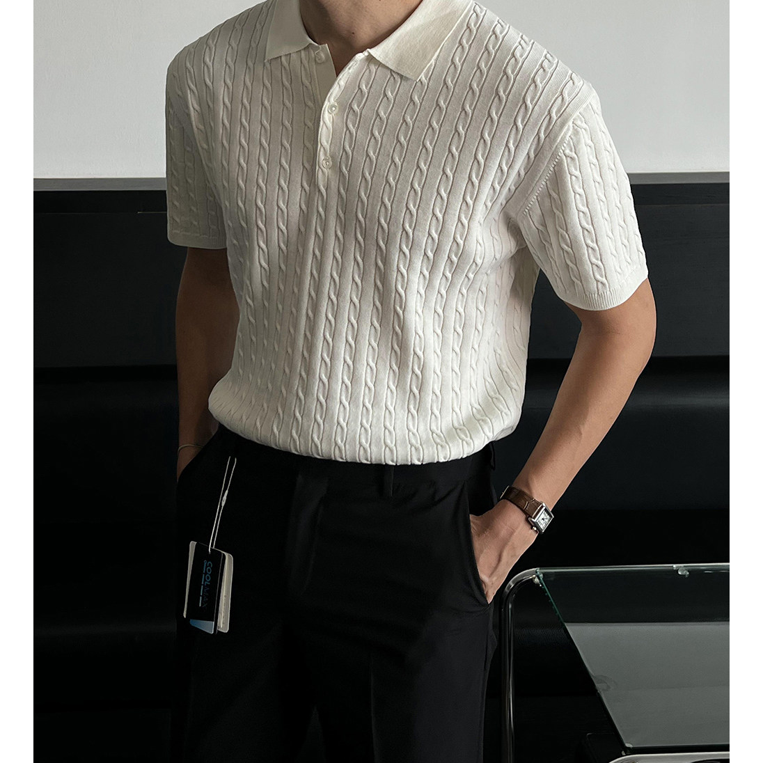 韩国东大门代购LAINE夏季高档时尚休闲麻花纹针织POLO衫男短袖T恤