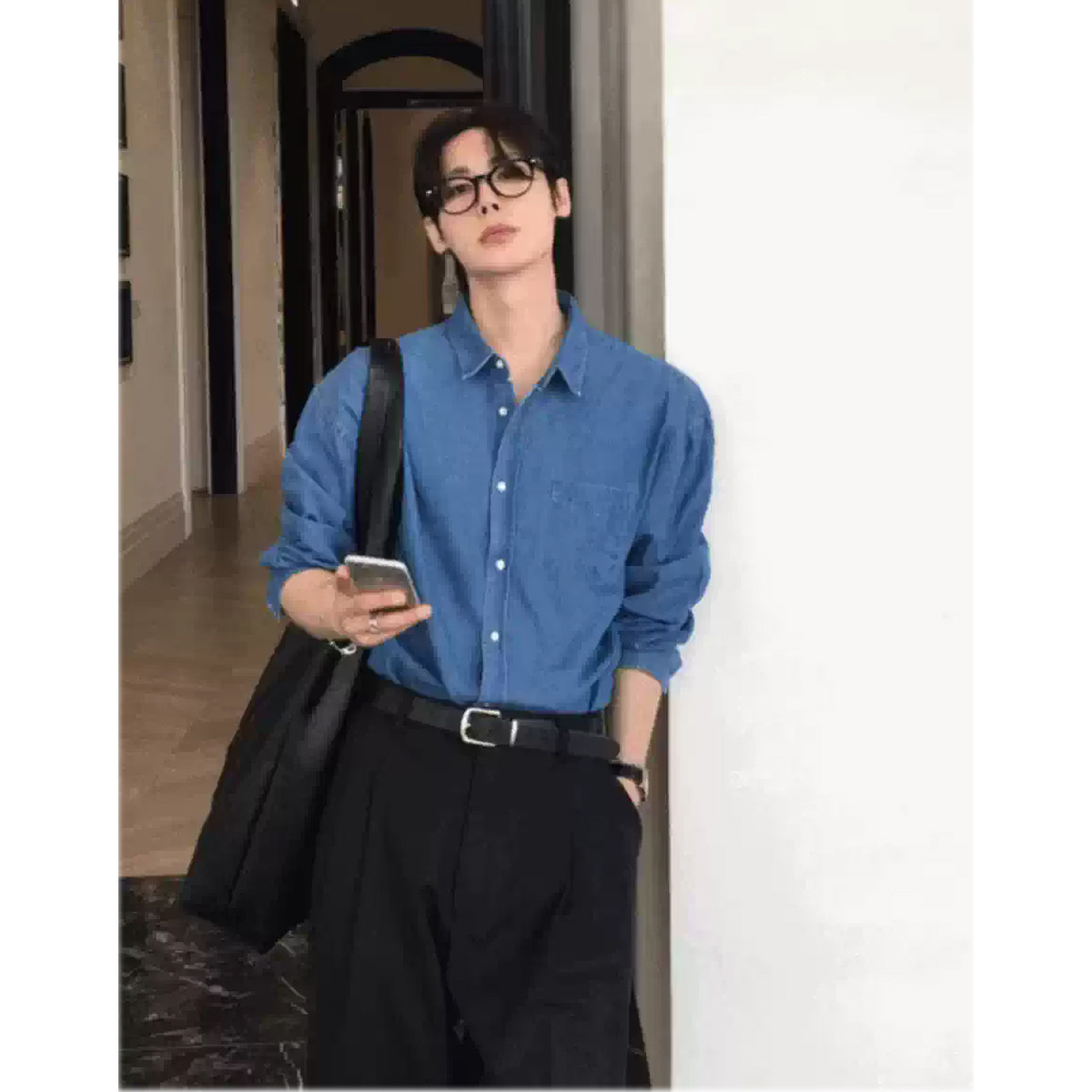 ANAN韩国代购东大门时尚个性简约水洗蓝色单口袋高级感长袖衬衫男