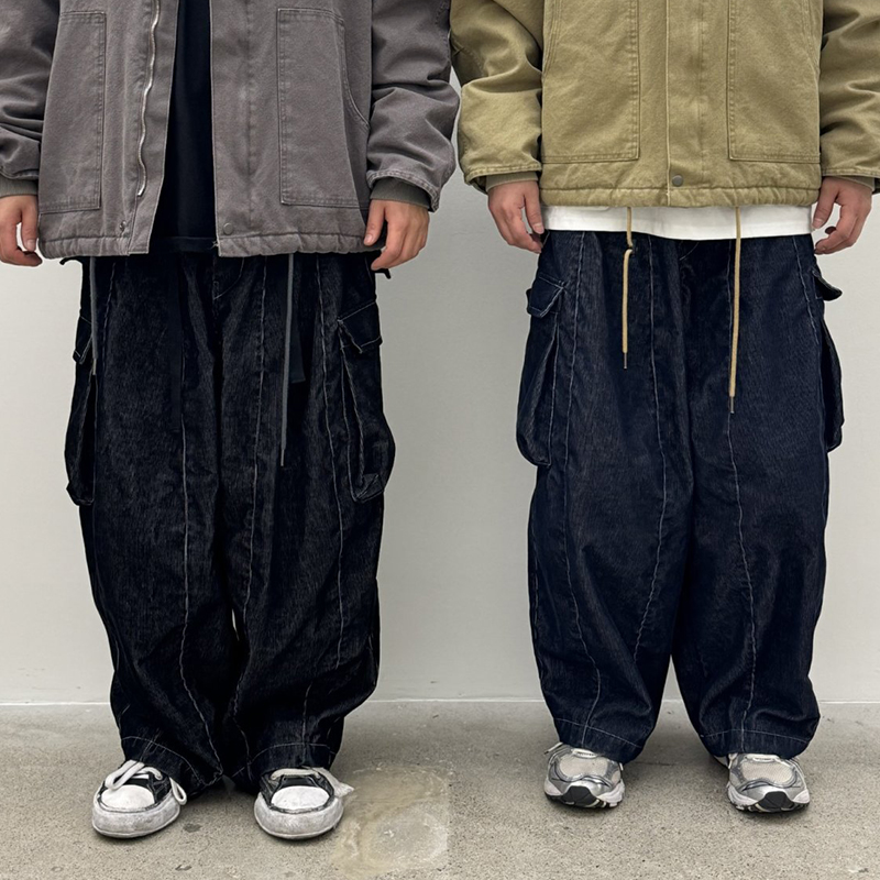 ANAN韩国东大门代购宽松牛仔裤松紧腰系带直筒口袋秋冬季长裤子男