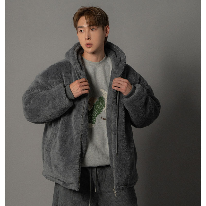 ANAN韩国东大门代购羊羔绒连帽棉服双向拉链宽松版型休闲长袖外套