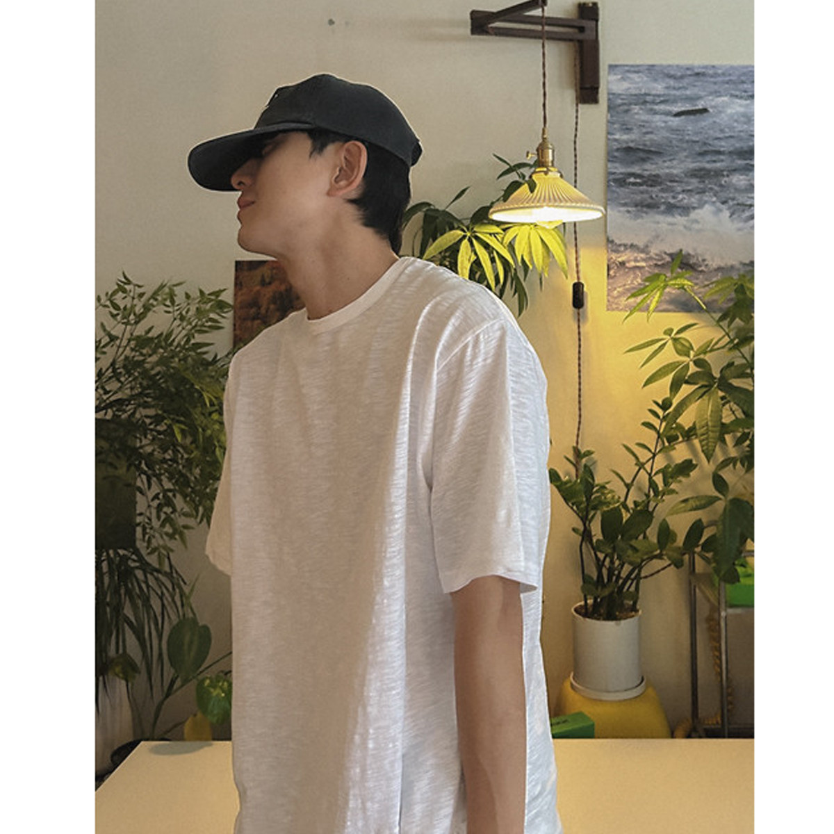韩国东大门代购夏季时尚薄款竹节纹素色简约圆领短袖T恤衫男半袖