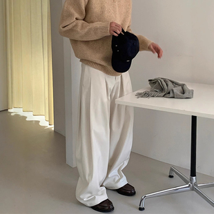 ANAN韩国东大门代购冬季个性高品双掐褶阔腿羊毛混纺百搭休闲裤男