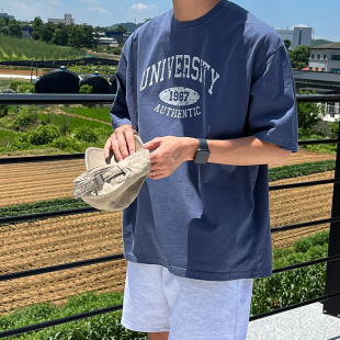 韩国代购男女款水洗复古做旧斑驳字母学院风百搭宽松休闲短袖T恤