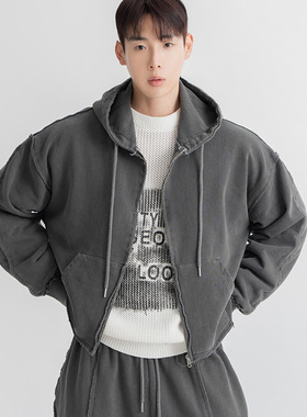 韩国东大门代购votus水洗复古做旧毛边立体拼接连帽卫衣男女外套