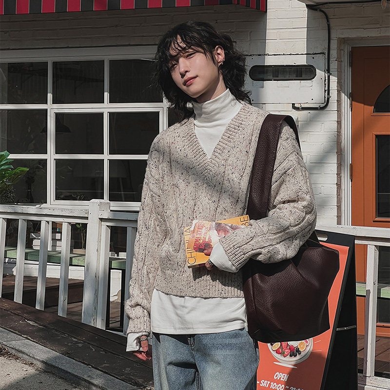 ANAN韩国东大门代购宽松V领短款针织衫麻花纹休闲时尚设计感毛衣