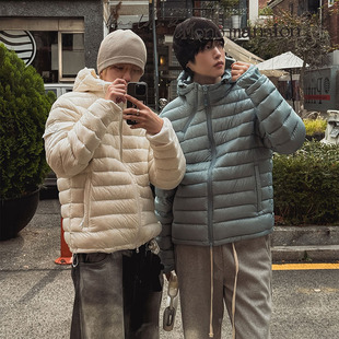 ANAN韩国东大门代购鸭绒轻量填充外套宽松长袖休闲连帽拉链羽绒服
