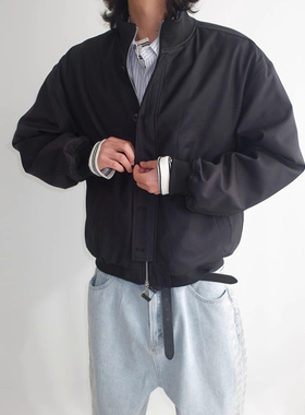 韩国东大门代购SENNE春季时尚立领痞帅竖条纹宽松休闲夹克外套男