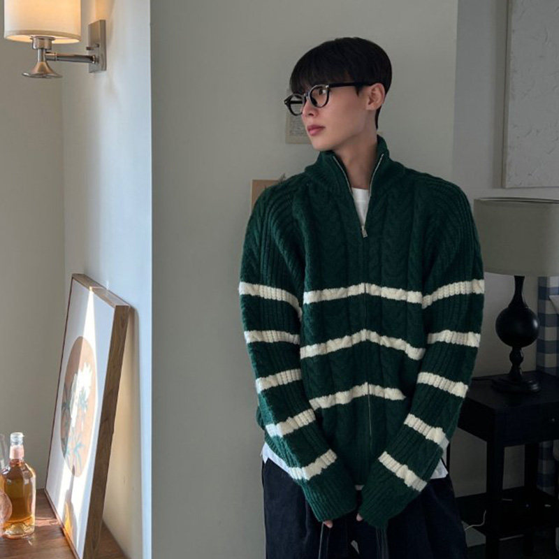 ANAN韩国东大门代购双向拉链麻花针织衫长袖休闲开衫宽松男士外套