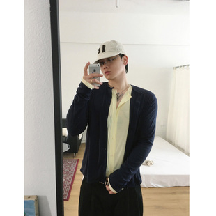 韩国东大门代购清新叠穿薄款修身奶油黄色微透罗纹针织开衫男外套