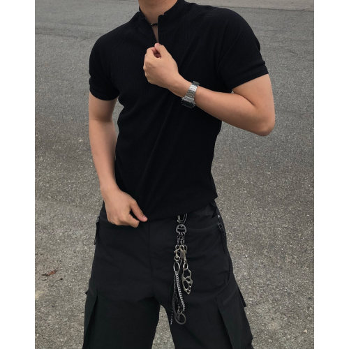 韩国代购个性插肩罗纹针织短袖男