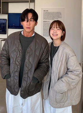 ANAN韩国东大门代购秋冬时尚复古波浪绗线V领休闲轻便棉服外套男