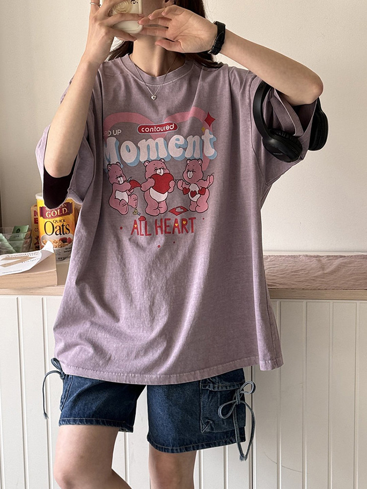 韩国东大门代购夏季男女同款三只小熊可爱卡通减龄水洗短袖T恤衫