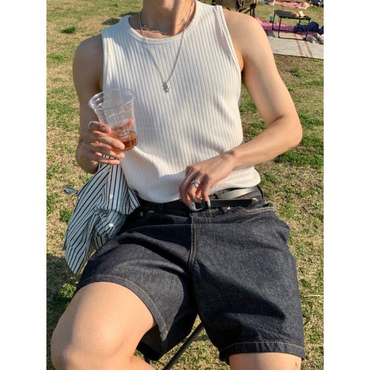 韩国东大门代购夏时尚基础款竖条纹理螺纹针织无袖运动T恤背心男