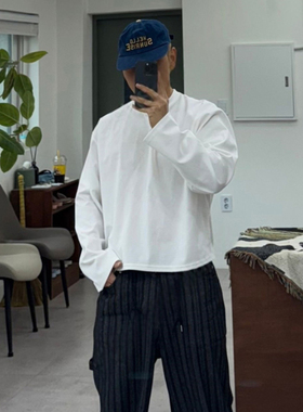 韩国东大门代购RAIZ直播早秋时尚百搭短款croppe纯色长袖T恤衫男