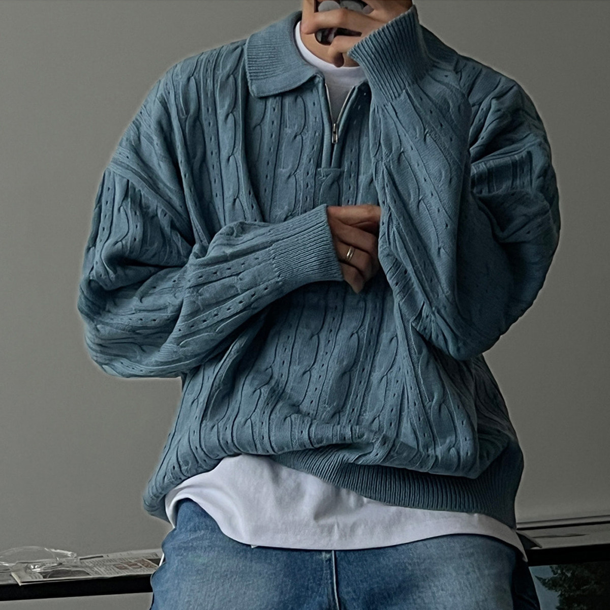 韩国东大门代购潮流个性麻花纹半拉链翻领针织衫男休闲套头毛衣