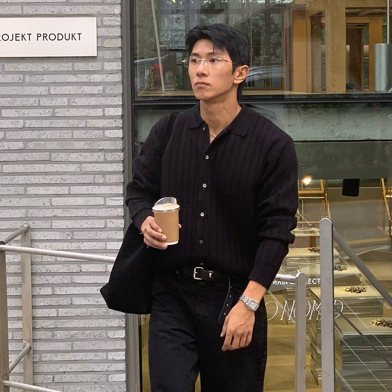 ANAN韩国东大门代购翻领纽扣长袖宽松针织衫春秋休闲条纹开衫外套