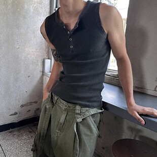 ANAN韩国东大门代购 T恤背心男 直播水洗做旧磨破亨利领按扣无袖