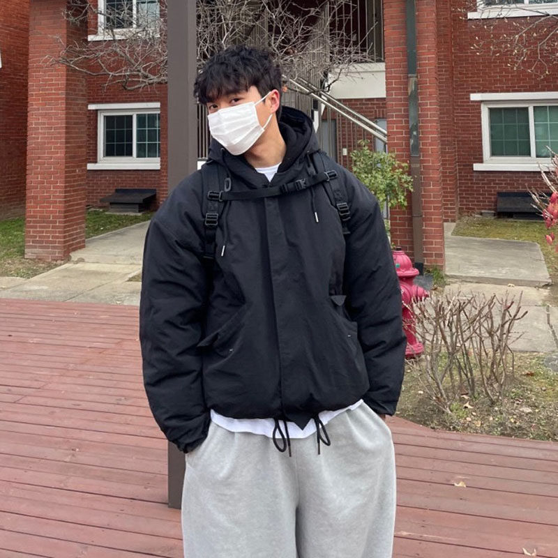 ANAN韩国东大门代购连帽冬季长袖宽松夹克长袖休闲男抽绳棉服外套