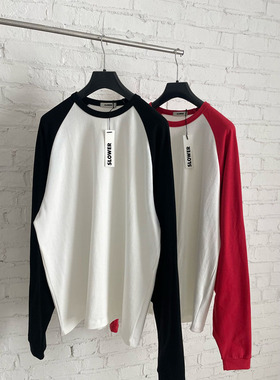 韩国东大门代购SLOWER春季高品撞色拼接插肩袖学院风长袖T恤衫男