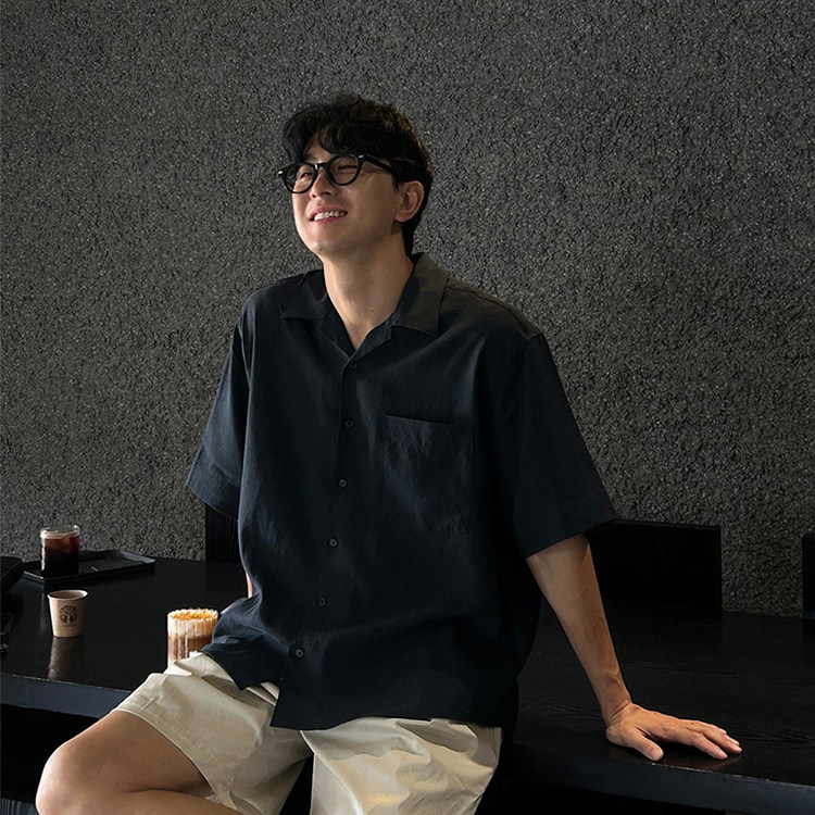 韩国男装东大门代购夏季新款潮流古巴领宽松轻薄百搭简约短袖衬衫