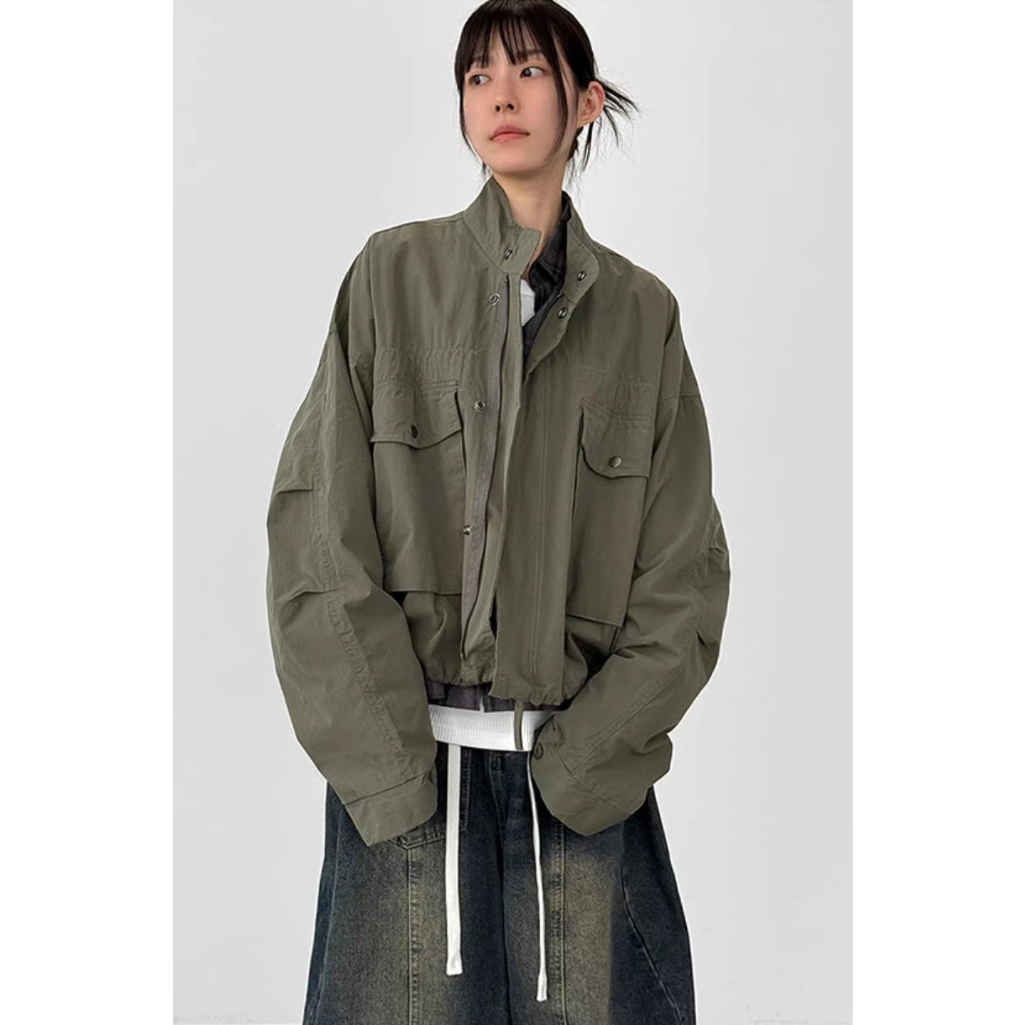 韩国代购春秋高品复古潮流立领军绿色工装休闲短款夹克外套男女款