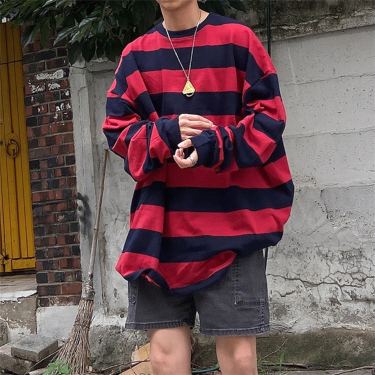 韩国东大门代购宽松撞色条纹T恤男女情侣款大码嘻哈落肩长袖上衣