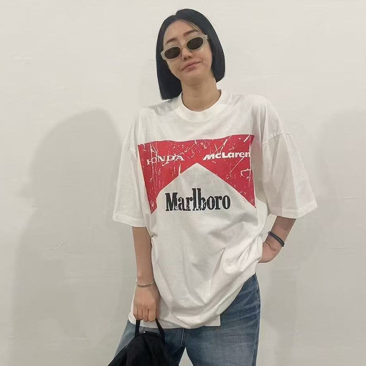 国内现货!东大门代购夏季新款斑驳做旧印花宽松赛车短袖T恤衫男