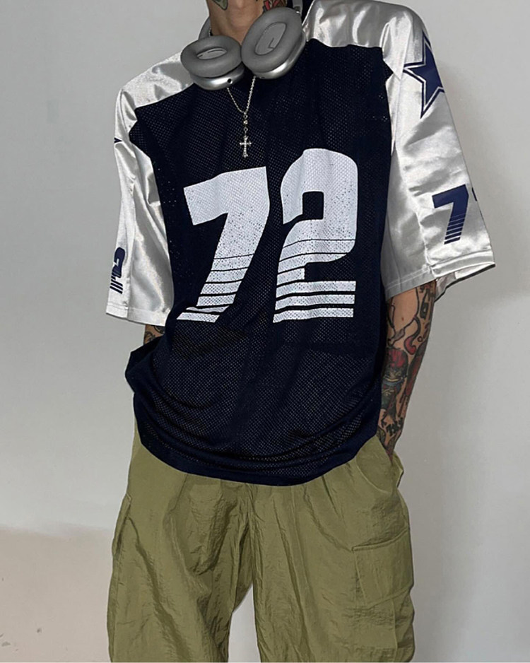 韩国代购男装东大门时尚百搭运动数字72撞色拼接V领运动休闲T恤衫