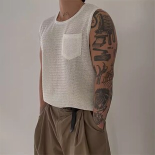 韩国东大门代购 T恤男休闲背心 夏轻薄网眼镂空半透侧开衩圆领无袖